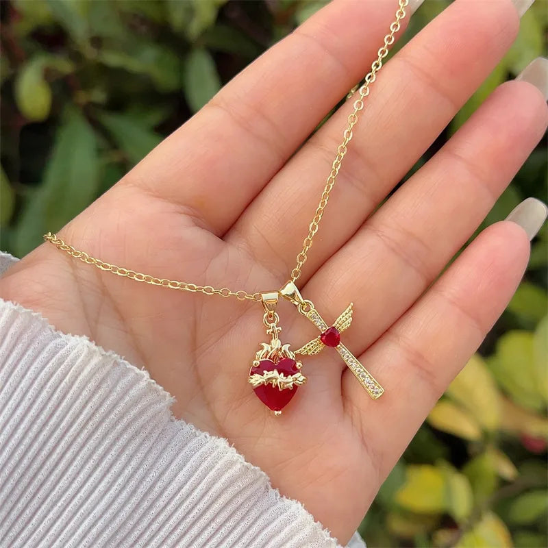 Collier Croix & Cœur Rouge