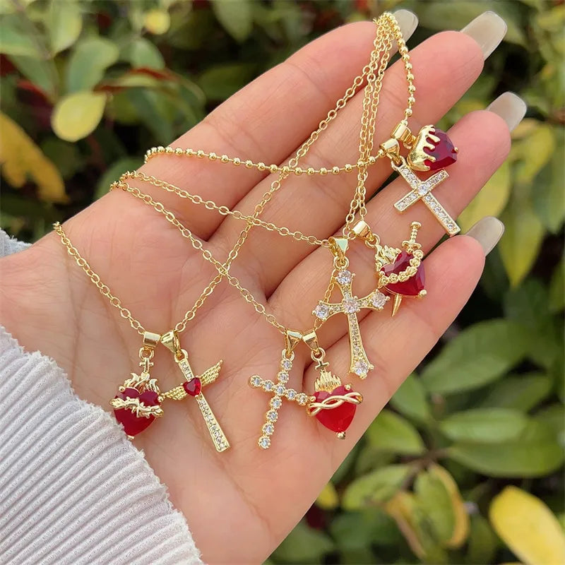 Collier Croix & Cœur Rouge