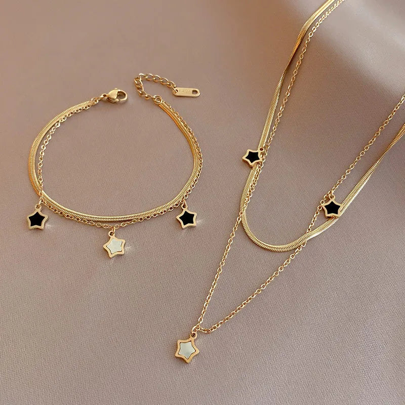 Collier & Bracelet Étoiles – Blanc & Noir, Double