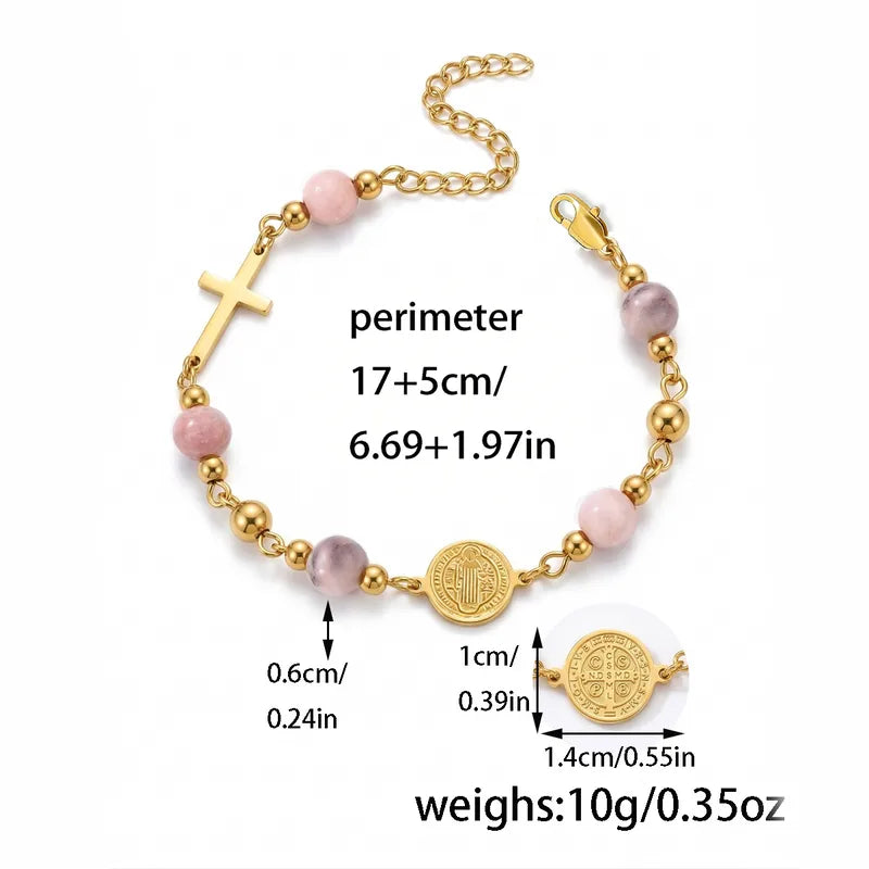 Bracelet croix Plaqué Or & Perle Rose Claire – Quartz Rose