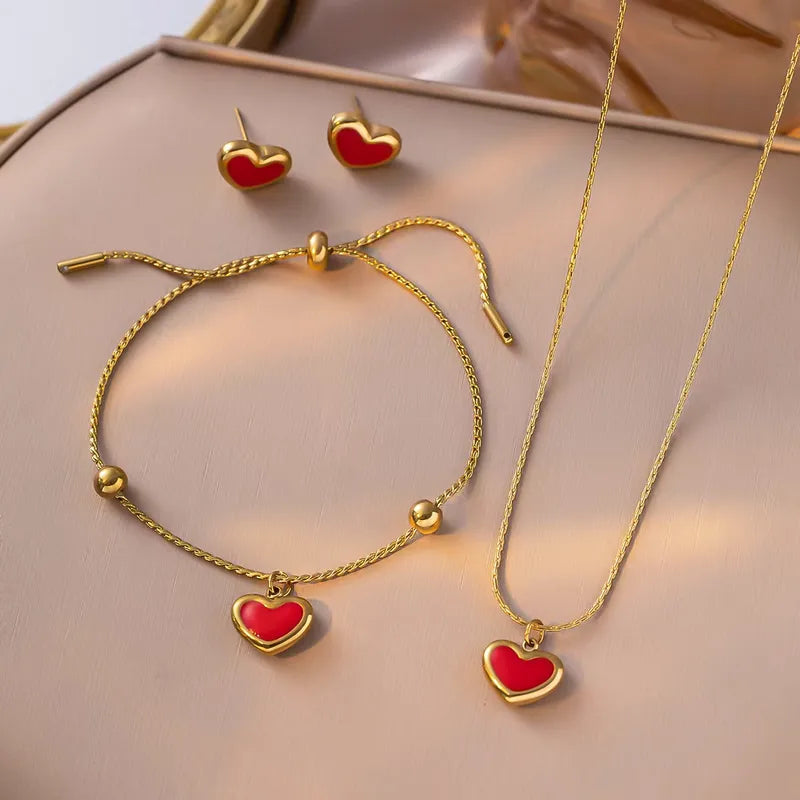 Collier Cœur Plaqué Or – Blanc ou Rouge + Boucles d’oreilles assorties