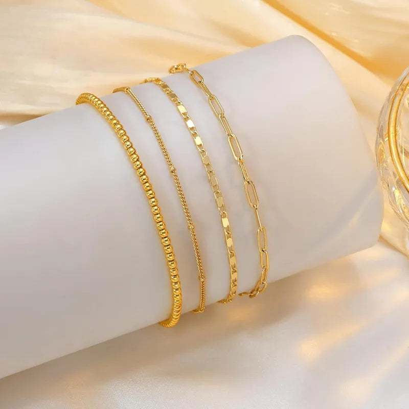 Ensemble De 4 Bracelets De Cheville En Cuivre Couleur Or Avec Motif Géométrique, Style Simple Pour Femmes